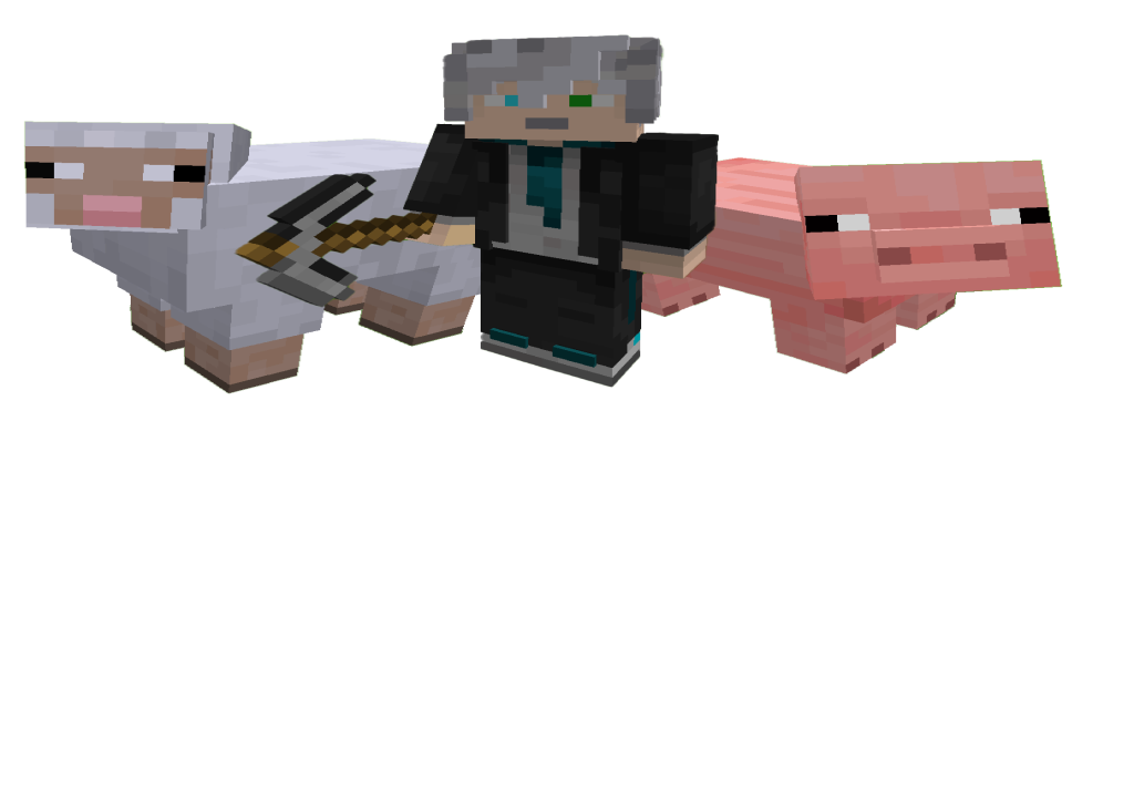 Персонаж Minecraft с овцой и свиньёй